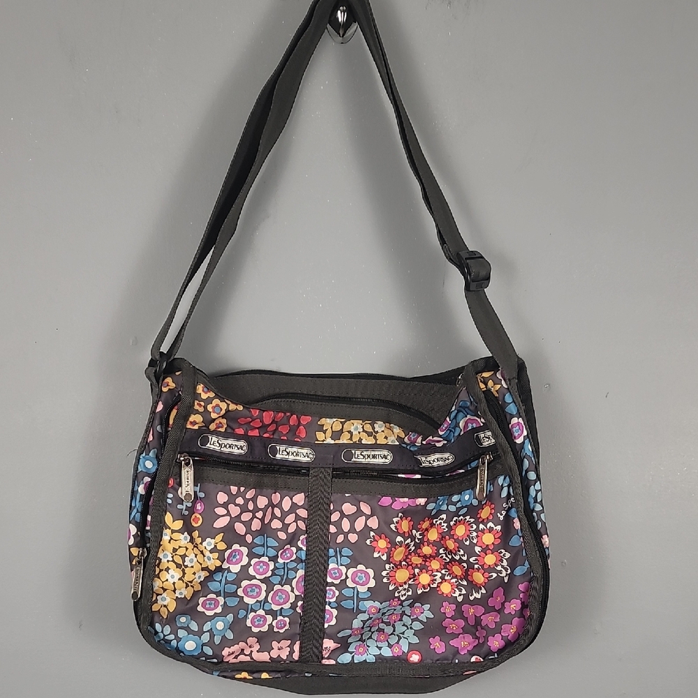 Lesportsac Black and Pink Shoulder Bag with Floral Design